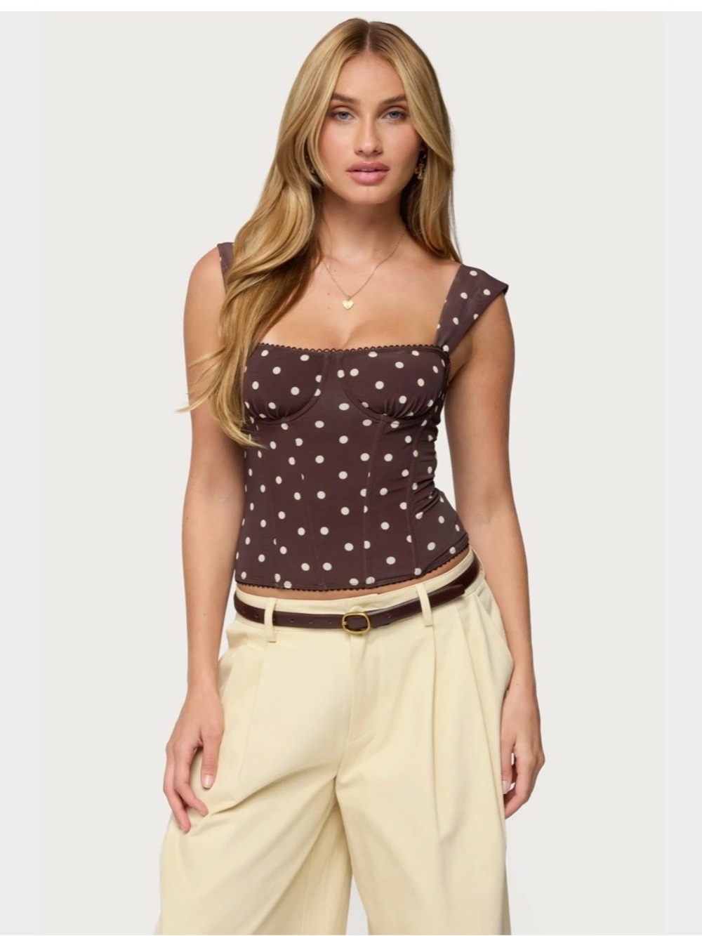 Edikted Marcella Wide Strap Corset - Brown Polka Dot